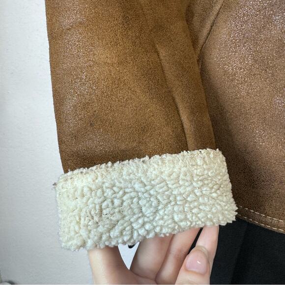 Y2K Faux Fur Trim Jacket Coat Brown Faux Suede 00s - Picture 5 of 8